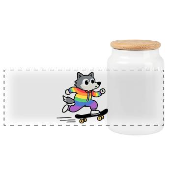 Regenbogen Wolf Schlittschuh - Panorama Keksdose mit Holzdeckel - Weiß - Vorne