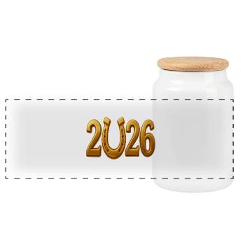 Golden 2026 – Lucky year with horseshoes - Panoramic Cookie Jar with Wooden Lid - white - Front