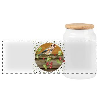 Bunter Vogel - Panorama Keksdose mit Holzdeckel - Weiß - Vorne