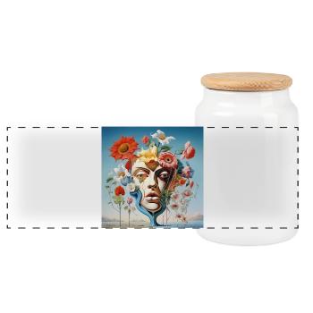 Floral Mask Portrait Surreal - Panoramic Cookie Jar with Wooden Lid - white - Front