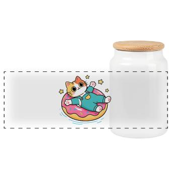 Katze auf pastellfarbenem schwebendem Donut - Panorama Keksdose mit Holzdeckel - Weiß - Vorne