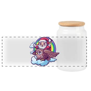 Owl Santa Claus Christmas - Panoramic Cookie Jar with Wooden Lid - white - Front