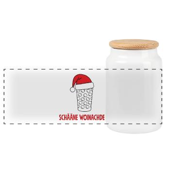 Schääne Woinachde - Dubbeglas mit Weihnachtsmütze - Panorama Keksdose mit Holzdeckel - Weiß - Vorne