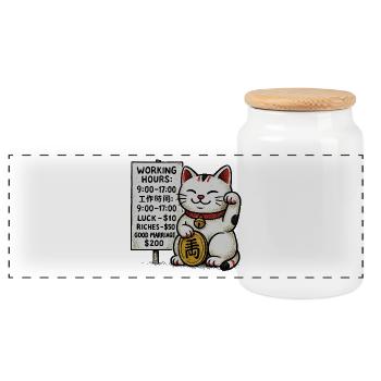 Lucky Cat Fortune Schild - Panorama Keksdose mit Holzdeckel - Weiß - Vorne