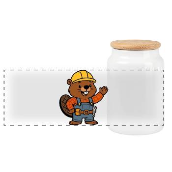 Beaver Construction Worker Bob Helm Hello Plan Builder - Panoramic Cookie Jar with Wooden Lid - white - Front