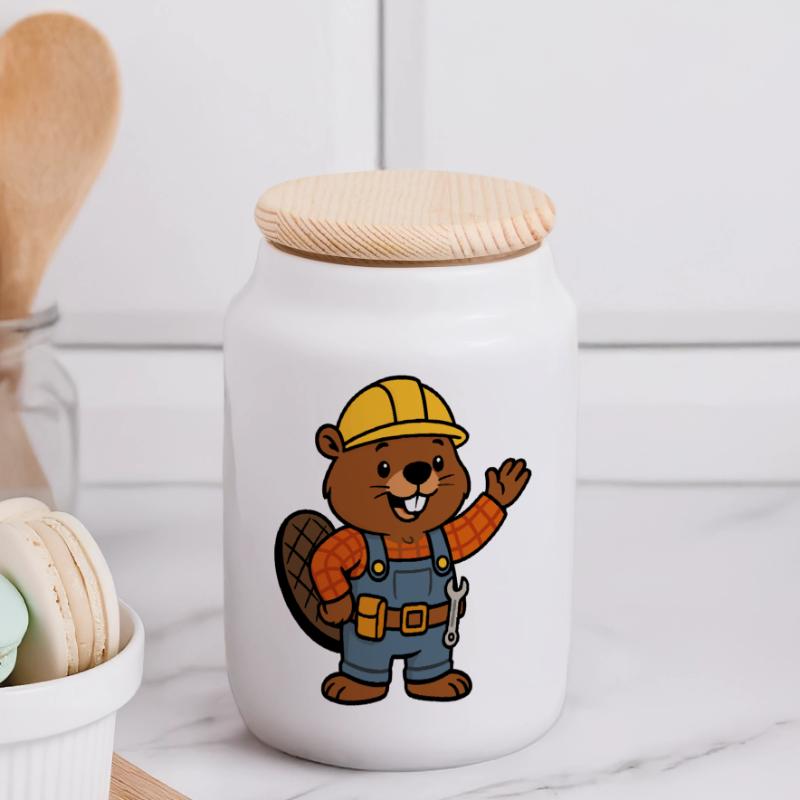 Beaver Construction Worker Bob Helm Hello Plan Builder Panoramic Cookie Jar with Wooden Lid