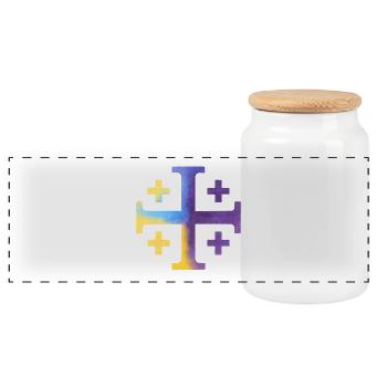Kairos Cross (Jerusalem Cross) – Violet & Yellow - Panoramic Cookie Jar with Wooden Lid - white - Front