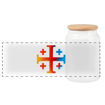 Kairos Kreuz (Jerusalemkreuz) – Feuerschein & Azur - Panorama Keksdose mit Holzdeckel - Weiß - Vorne