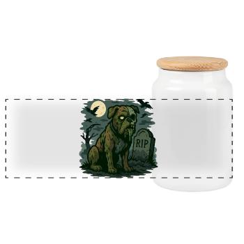 Zombie Bulldog - Undead Dog Halloween Design. - Panoramic Cookie Jar with Wooden Lid - white - Front