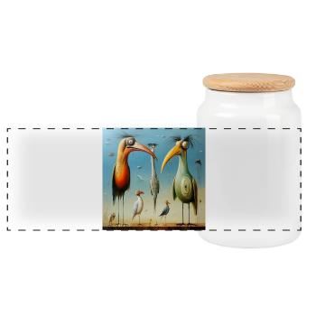 Surreal bird figures on the beach - Panoramic Cookie Jar with Wooden Lid - white - Front