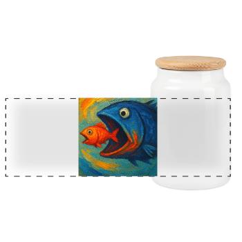 Blue Sea Fish in Search of Red Fish - Panoramic Cookie Jar with Wooden Lid - white - Front