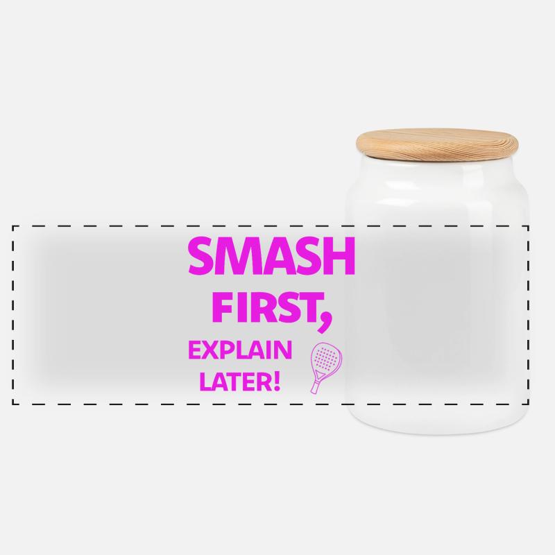 Smash First, Explain Later Padelspruch - Panorama Keksdose mit Holzdeckel - Weiß