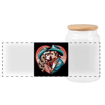 Vintage Western Lovers Heart - Panoramic Cookie Jar with Wooden Lid - white - Front