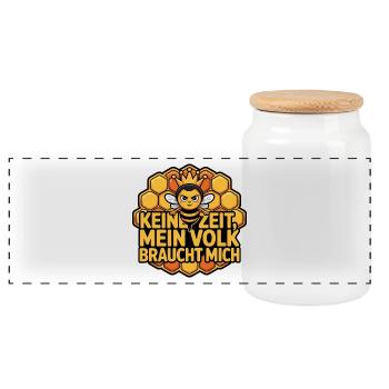 Biene Spruch – Keine Zeit, mein Volk braucht mich - Panorama Keksdose mit Holzdeckel - Weiß - Vorne