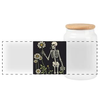 Skelett und Gänseblümchen-Strauß - Panorama Keksdose mit Holzdeckel - Weiß - Vorne