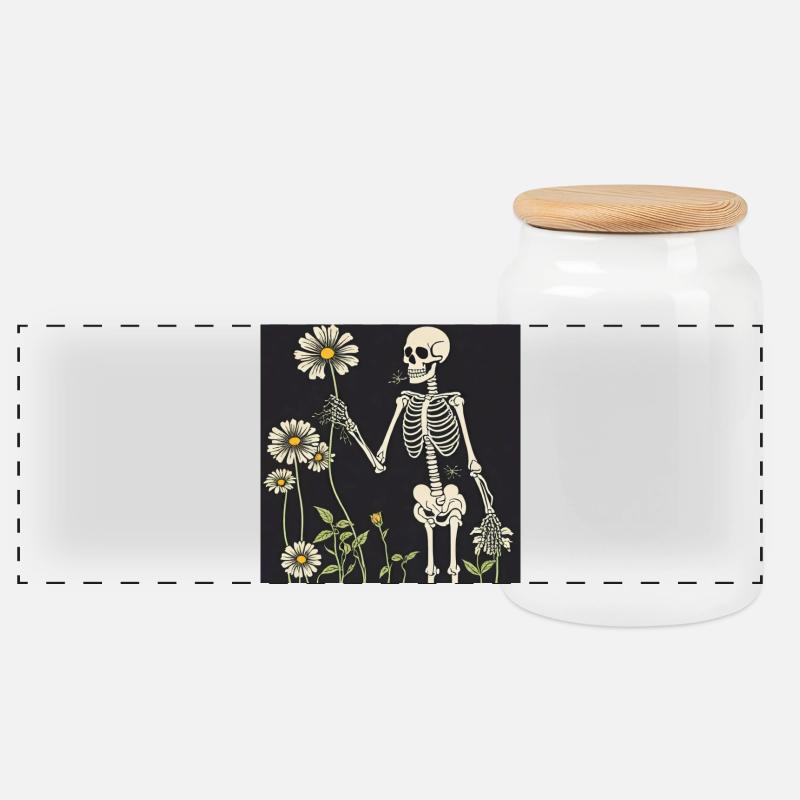 Skelett und Gänseblümchen-Strauß - Panorama Keksdose mit Holzdeckel - Weiß