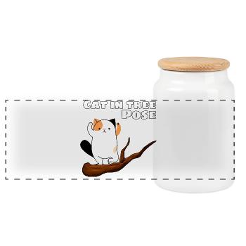 Cat in Tree Pose - Panoramic Cookie Jar with Wooden Lid - white - Front