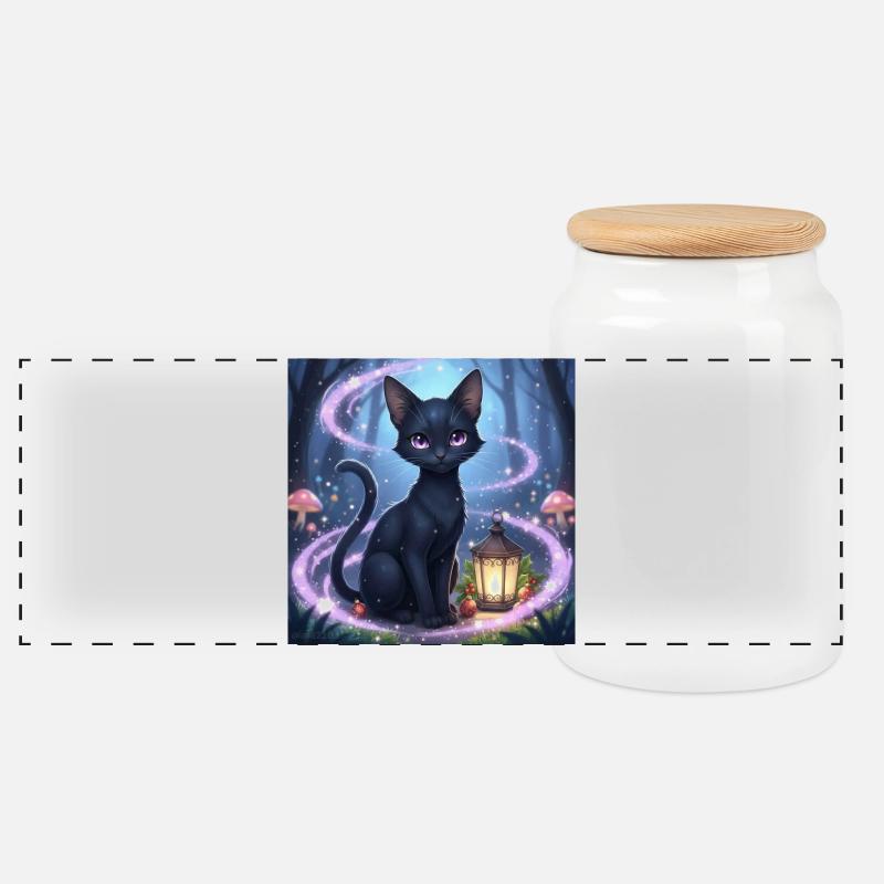 Magische schwarze katze mit laterne - Panorama Keksdose mit Holzdeckel - Weiß