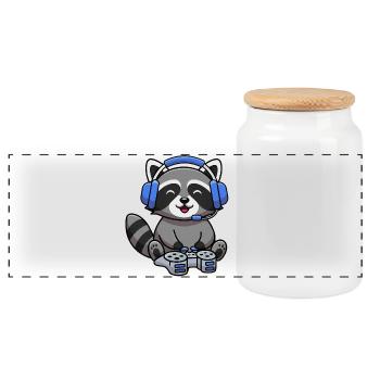 Raccoon playing games - Panoramic Cookie Jar with Wooden Lid - white - Front