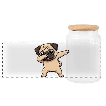 Cute Pug Cartoon Dabbing Dog Kids - Panoramic Cookie Jar with Wooden Lid - white - Front