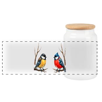 Twin Songbirds in Winter - Panoramic Cookie Jar with Wooden Lid - white - Front