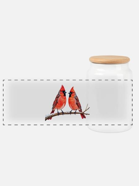 Twin Cardinals in Winter - Panoramic Cookie Jar with Wooden Lid - white