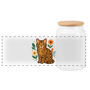 Bengal cat among flowers - Panoramic Cookie Jar with Wooden Lid - white - Front