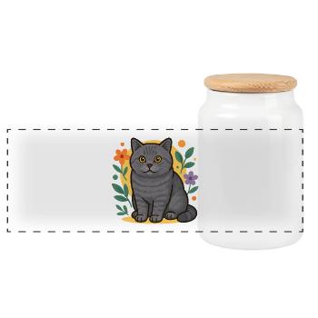 British Shorthair Cat in Flower Circle - Panoramic Cookie Jar with Wooden Lid - white - Front