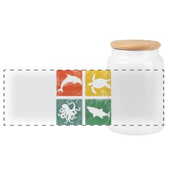 Marine Animals Ocean Dolphin Turtle Octopus - Panoramic Cookie Jar with Wooden Lid - white - Front