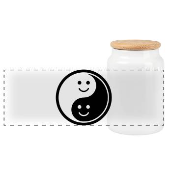 Yin Yang with Smileys | Positive Balance Symbol - Panoramic Cookie Jar with Wooden Lid - white - Front