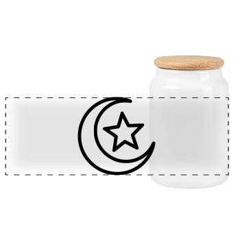 Crescent Moon & Star | Islamic Symbol Line Art - Panoramic Cookie Jar with Wooden Lid - white - Front