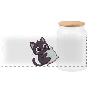 Chaton kawaii câlin sur oreiller - Boîte à biscuits avec couvercle en bois - blanc - Devant