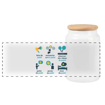 Verspieltes grafisches Padel - Panorama Keksdose mit Holzdeckel - Weiß - Vorne