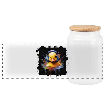 Music Rubber Duck – Funny Animal Motif with Headphones - Panoramic Cookie Jar with Wooden Lid - white - Front