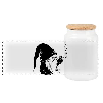 Pipe Smoking Gnome Cartoon - Panoramic Cookie Jar with Wooden Lid - white - Front