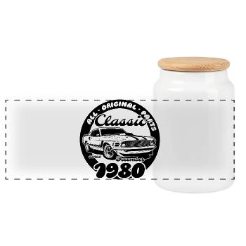 45. Geburtstag - Klassiker Musclecar 12/1980 - Panorama Keksdose mit Holzdeckel - Weiß - Vorne