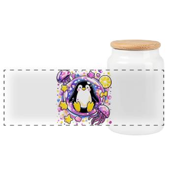 Kunterbunter Pinguin Kranz - Panorama Keksdose mit Holzdeckel - Weiß - Vorne