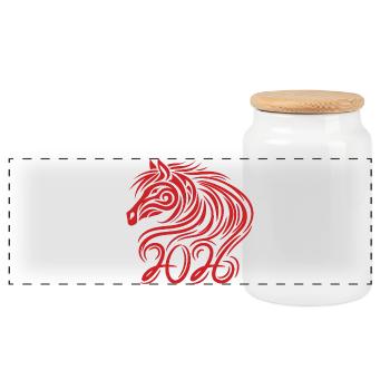 Chinese New year of the Horse 2026 - Panoramic Cookie Jar with Wooden Lid - white - Front