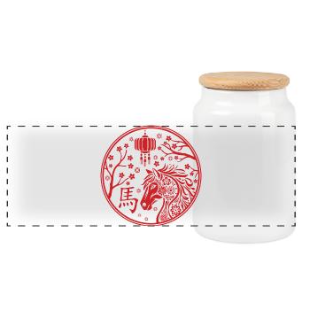 Chinese New year of the Horse 2026 - Panoramic Cookie Jar with Wooden Lid - white - Front