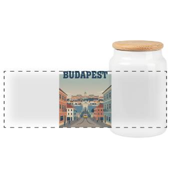 Budapest Tram River Vintage Travel Poster City - Panoramic Cookie Jar with Wooden Lid - white - Front