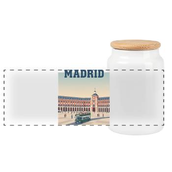 Scène rétro des bus à Madrid Plaza - Boîte à biscuits avec couvercle en bois - blanc - Devant