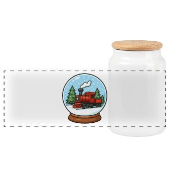 Snow globe in the snow with a locomotive - Panoramic Cookie Jar with Wooden Lid - white - Front