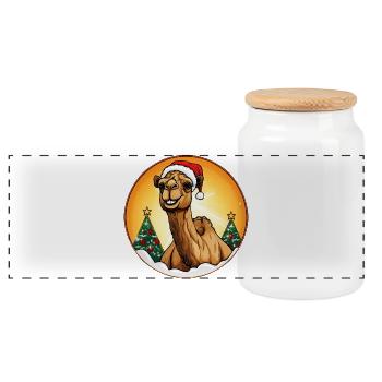Kamele Weihnachten / Weihnachtsmann Kamel - Panorama Keksdose mit Holzdeckel - Weiß - Vorne
