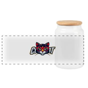 Cat with red glasses logo - Panoramic Cookie Jar with Wooden Lid - white - Front