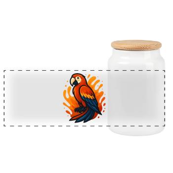 Fire Flaming Macaw Parrot Illustration - Panoramic Cookie Jar with Wooden Lid - white - Front