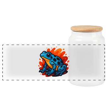 Blue poison dart frog in flaming background - Panoramic Cookie Jar with Wooden Lid - white - Front