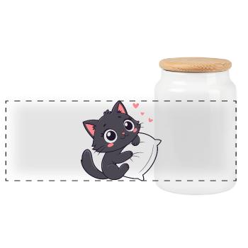 Cuddly Black Kitten on Pillow - Panoramic Cookie Jar with Wooden Lid - white - Front