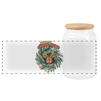 Niedliches Rentier im Weihnachtskranz - Panorama Keksdose mit Holzdeckel - Weiß - Vorne