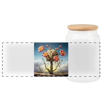 S surrealer Kaktus mit riesigen Blüten - Panorama Keksdose mit Holzdeckel - Weiß - Vorne
