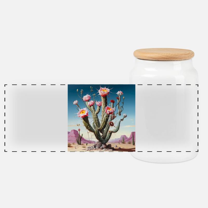 Desert Cactus Blossom Rush - Panoramic Cookie Jar with Wooden Lid - white